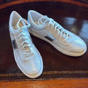 J Slides Silver Sneakers Sleek Sporty Design